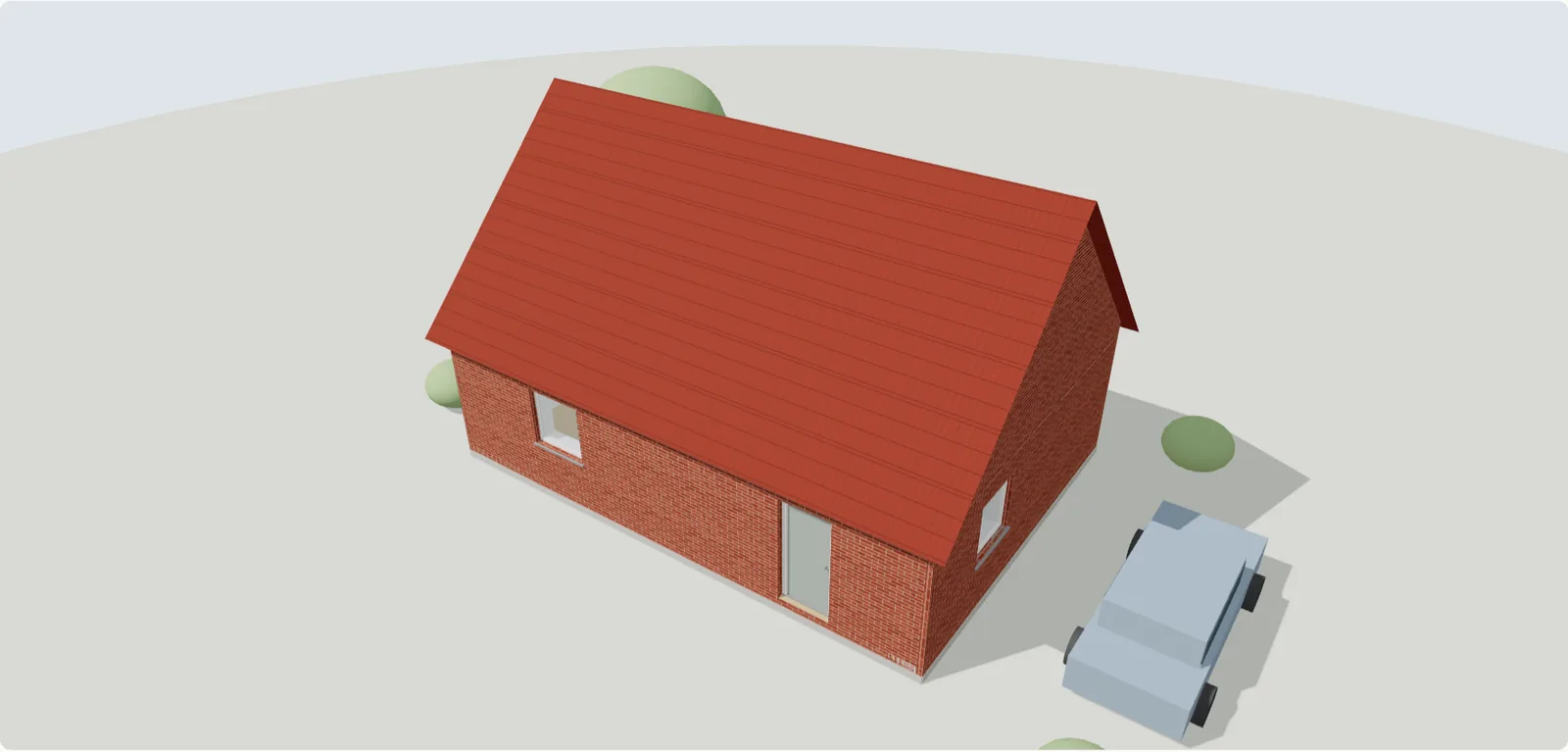 Et hus tegnet i CADnu, vist i 3D