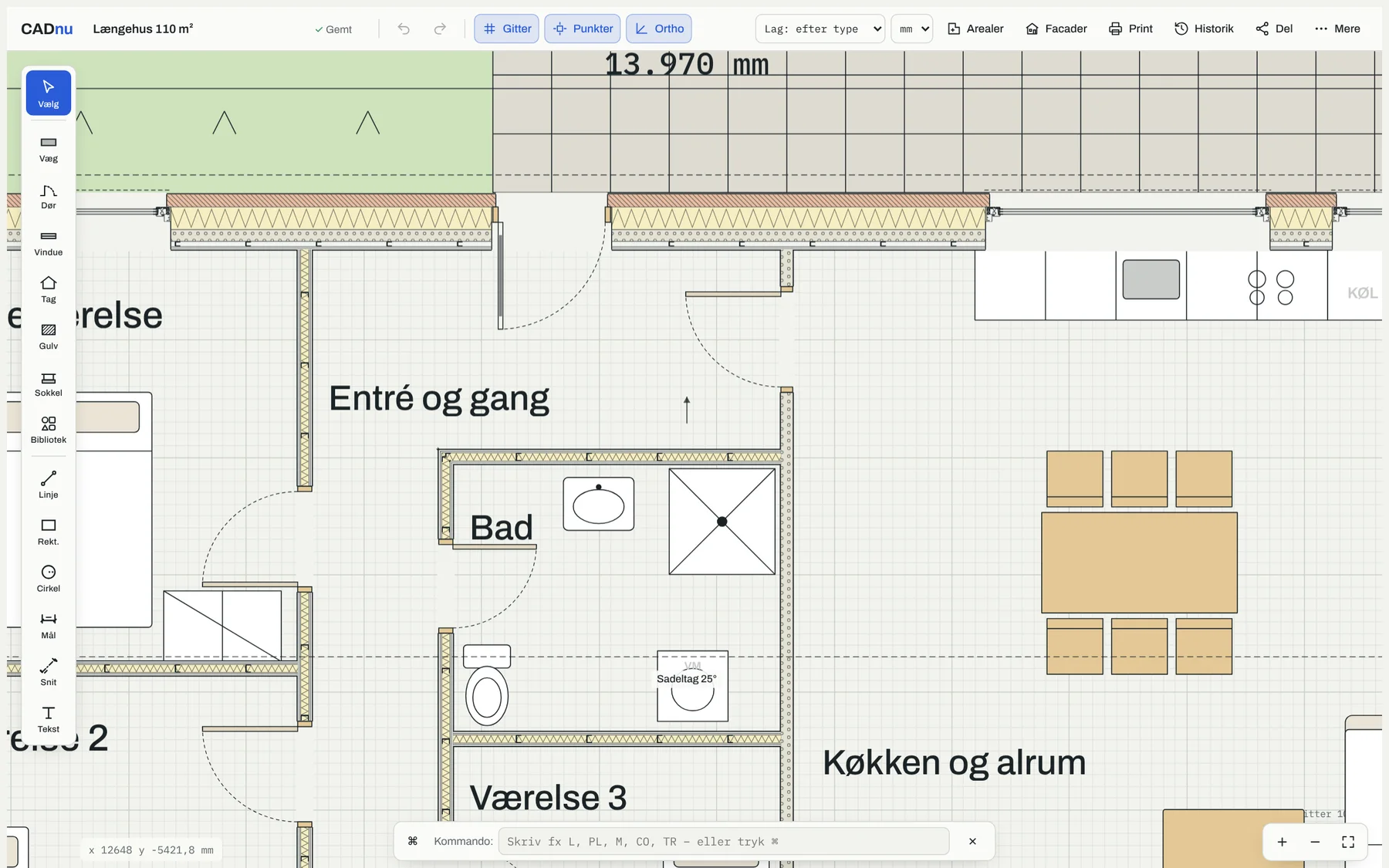 Plantegning af badeværelse med bruseniche, wc og håndvask i CADnu