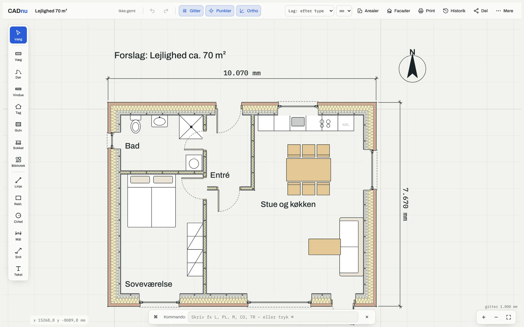 Plantegning af lejlighed på 70 m² med to værelser og åbent køkken