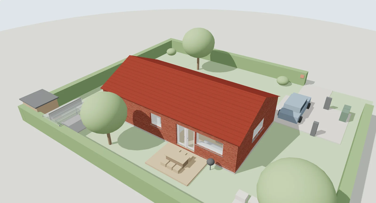 Hus med skur og drivhus i haven, vist i 3D i CADnu